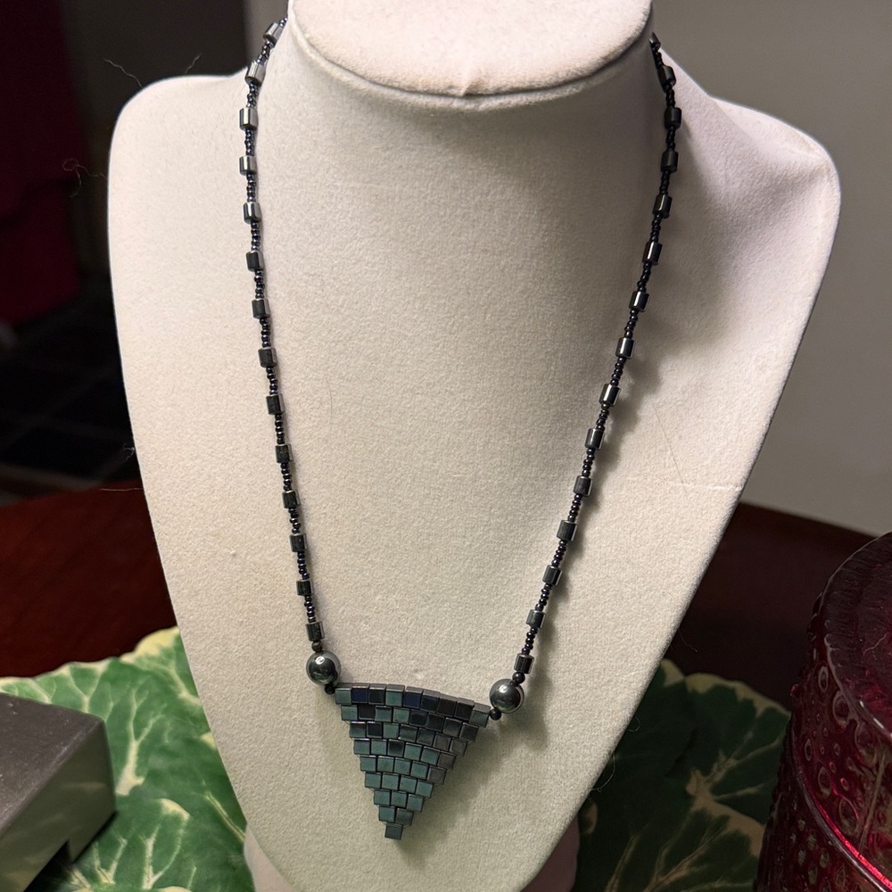 Elegant Black Hematite Geometric Necklace and post style earrings from Mexico.